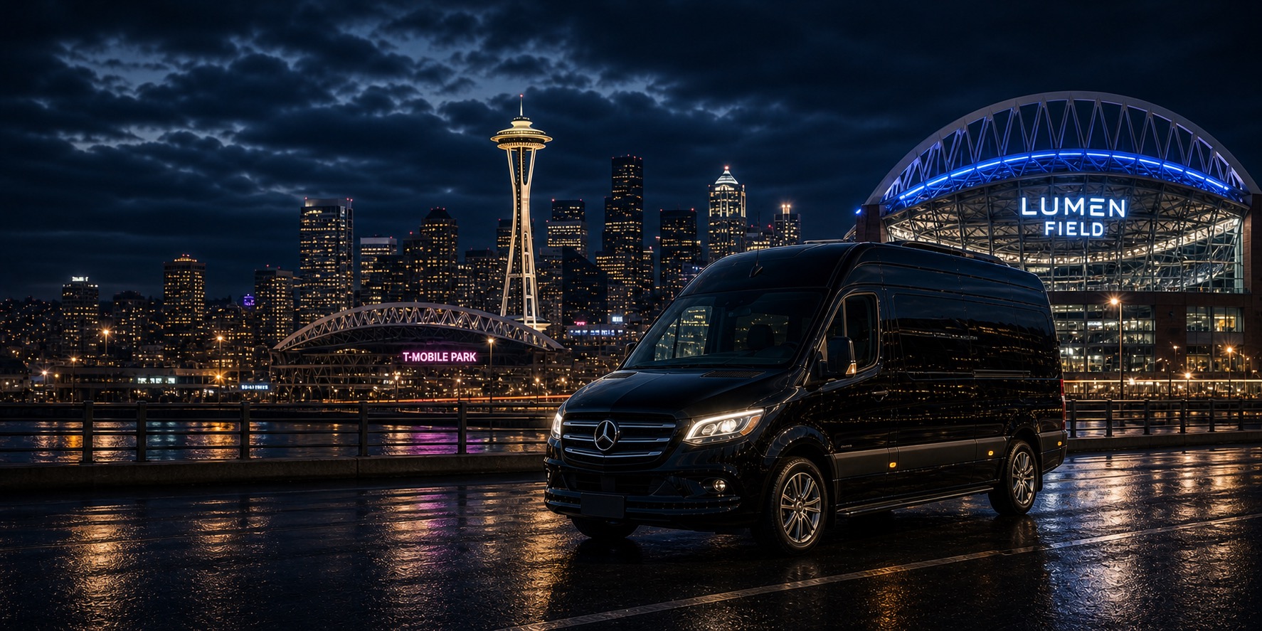 Seattle skyline, Lumen Field, and Mercedes Sprinter for World Cup transportation